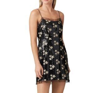 Black Sequin Star Mini Dress with Nude Trim